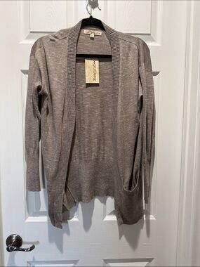 Rewind Open-Front Taupe Knit Cardigan with Pockets